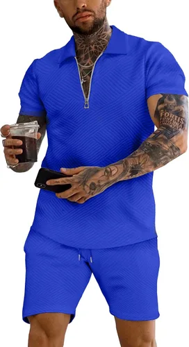 URRU Conjunto de camisa polo y pantalones cortos para hombre trajes de verano a la moda casual manga corta traje polo para hombre 2 piezas