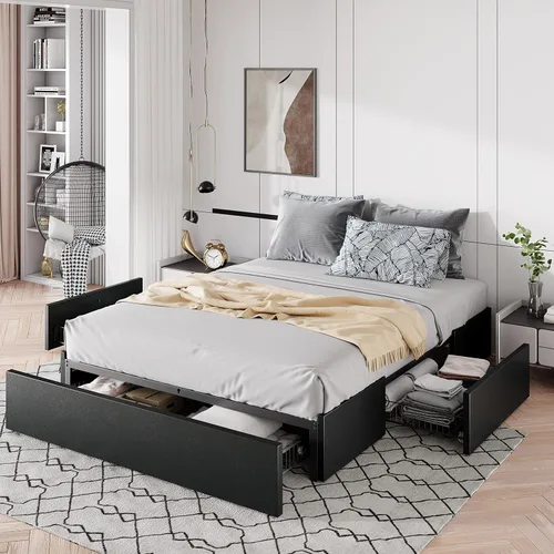 Miniatura 10 de Allewie - Base de cama tamaño matrimonial con plataforma, 3 cajones de almacenamiento, tapizada en tela, soporte de listones de madera, no necesita