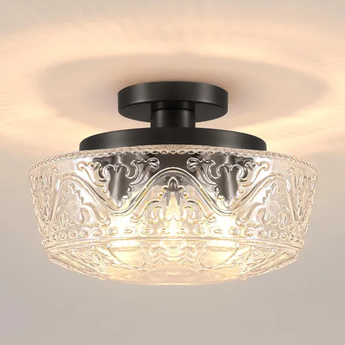 Miniatura 16 de Daunton Lámpara de Techo Semiempotrada, Accesorio de Iluminación de Techo de Cocina Vintage Dorado, Luz de Techo Cercana con Globo de Cristal Ámbar