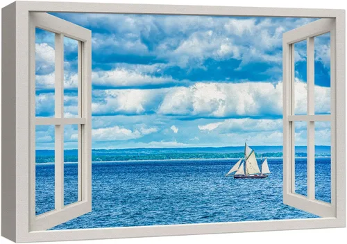 Miniatura 35 de wall26 - Cuadro en lienzo para pared, vista de ventana, atardecer neón, cielo, palmera tropical, playa, naturaleza, desierto, fotografía, realismo