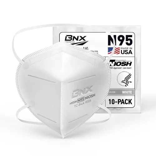 BNX N95 Máscara facial protectora con certificado NIOSH fabricada en Estados Unidos (paquete de 10, número de aprobación TC-84A-9315/modelo H95W),