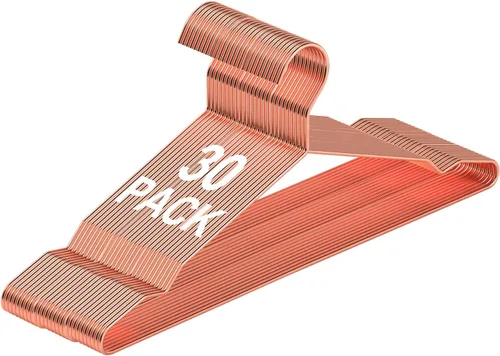 Miniatura 8 de Paquete de 30 perchas de metal color oro rosa con muescas para perchas estándar para camisas, abrigos, pantalones, resistentes y ahorro de espacio