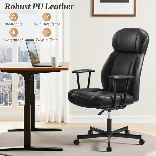 Miniatura 8 de Cozyman Silla ergonómica de piel sintética para oficina en casa, silla de escritorio ejecutiva de respaldo alto con cojín de 5 capas, respaldo Negro