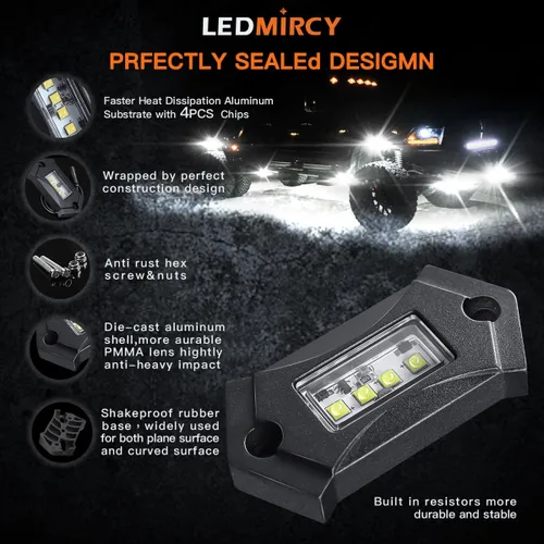 Miniatura 3 de Kit de luces LEDMIRCY R3 de roca blanca pura con interruptor de palanca, arnés de cable, 12 piezas de luces LED de roca blancas para camiones