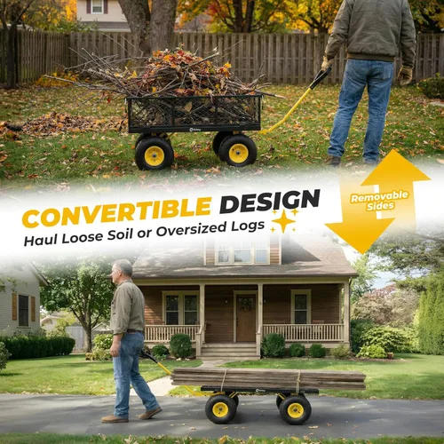 Miniatura 4 de Sekey Carrito de jardín de malla de acero de 600 libras para patio y patio trasero, carro utilitario con lados extraíbles (cama plana convertible)
