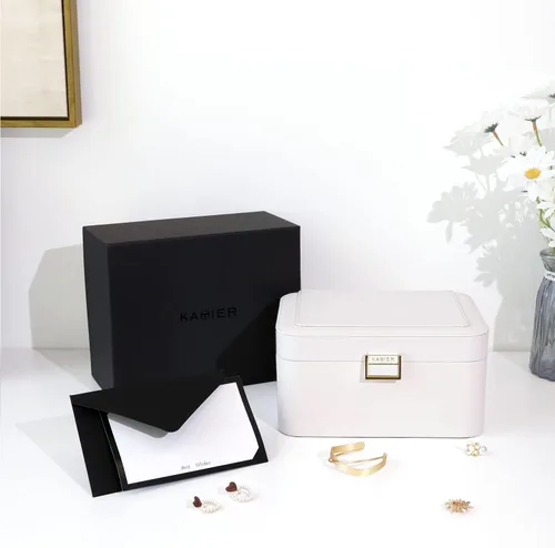 Miniatura 5 de KAMIER Joyero organizador para mujer, 2 capas de joyería para aretes, pulseras, anillos, collares, cuero de lujo y forro de terciopelo suave, caja