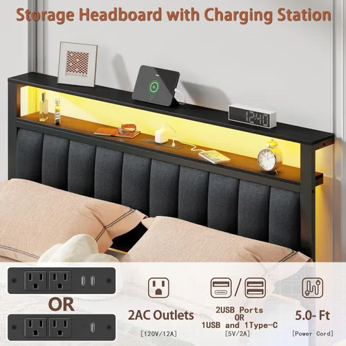 Miniatura 6 de Furnulem - Base de cama tamaño Queen con estación de carga y luces LED, cama de plataforma con listones de metal, cabecera tapizada gris con Roble