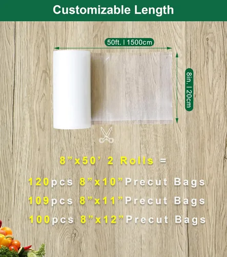 Miniatura 3 de Bolsas selladoras al vacío para alimentos, bolsas selladoras al vacío resistentes sin BPA en rollos de 8 pulgadas, 50 pies, paquete de 2, ideal