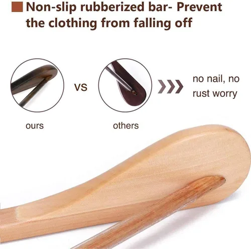 Miniatura 7 de JS HANGER Perchas de madera para trajes, paquete de 6 perchas de madera extra anchas con barra antideslizante para pantalones, acabado natural extra