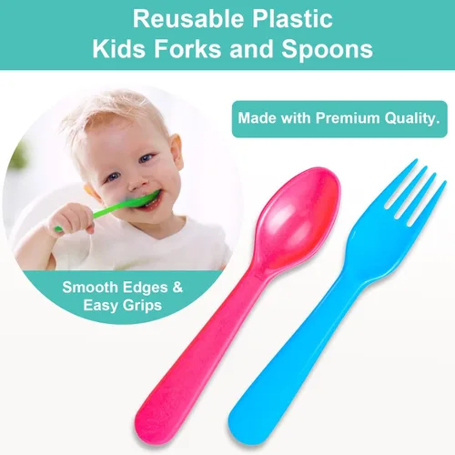 Miniatura 7 de Jawbush 16 utensilios de plástico para niños, utensilios de alimentación reutilizables para niños pequeños con 8 tenedores y 8 cucharas, coloridos
