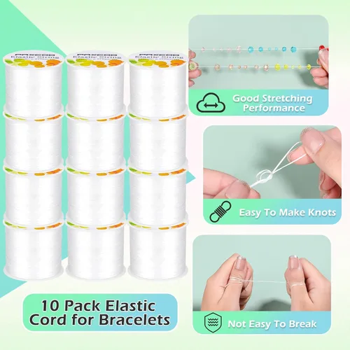 Miniatura 2 de PAXCOO 12 rollos de cuerda elástica para pulseras, cuerda mágica elástica para cuentas de pulsera, hilo de joyería para pulseras, collares, cuentas