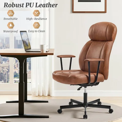 Miniatura 8 de Cozyman Silla ergonómica de piel sintética para oficina en casa, silla de escritorio ejecutiva de respaldo alto con cojín de 5 capas, respaldo Marrón