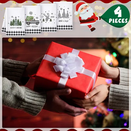 Miniatura 6 de Preboun Juego de 4 Toallas de Cocina Navideñas de 17x26'' a Cuadros Buffalo Absorbentes, Toalla de Platos Navideña con Diseños de Árbol de Navidad