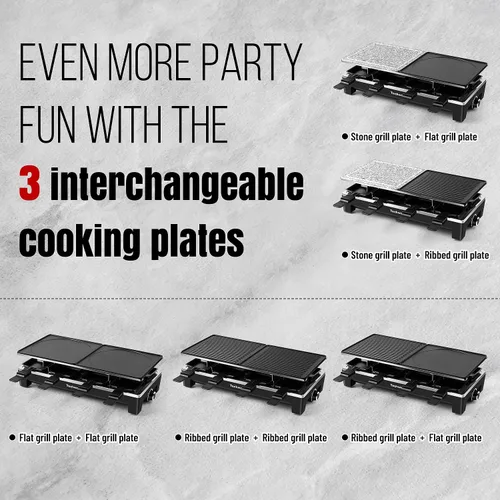 Miniatura 5 de Raclette Grill, Techwood - Parrilla eléctrica para interiores con 2 platos antiadherentes reversibles, 1 placa de parrilla de piedra, calentamiento