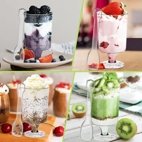 Miniatura 5 de Eupako Mini tazas de postre con cucharas de 4 onzas líquidas – Vasos de plástico transparente para parfait, taza pequeña redonda para aperitivos