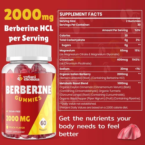 Miniatura 3 de Gomitas de suplemento de berberina de 2000 mg – Mezcla de bienestar de alta potencia con canela de Ceilán, cúrcuma, magnesio y cromo, veganas, sin