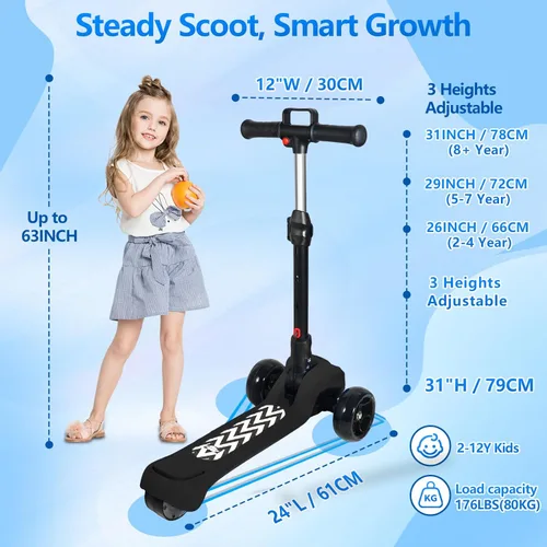 Miniatura 4 de Electric Scooter for Kids Ages 3-12, Full Body Lights Up, Wide Deck, 3 Adjustable Heights, 5MPH Safe Speed, 90min Riding, Foldable 3 Wheel Electric
