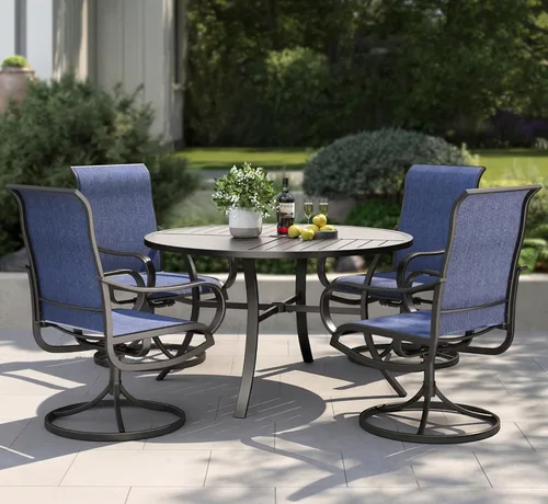 PHI VILLA Juego de comedor de patio de 5 piezas con 4 sillas de comedor giratorias para exteriores y 1 mesa de comedor redonda grande, silla de tela