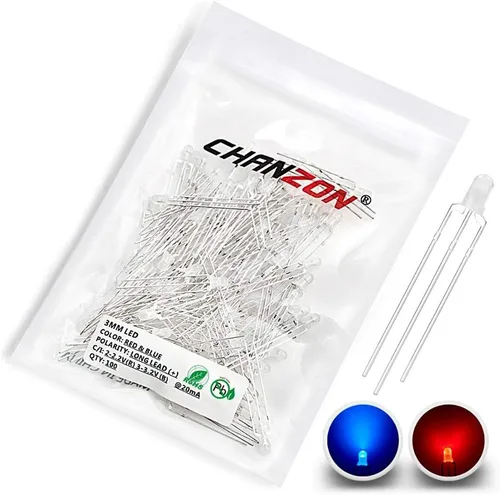 CHANZON 100 unids 0.118 in rojo y azul difuso LED luces de diodo común (esmerilado redondo bicolor) iluminación brillante bombillas lámparas E) Rojo