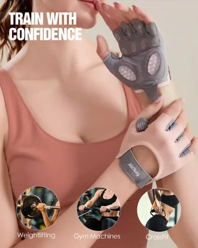 Miniatura 7 de Guantes de entrenamiento para hombres y mujeres, guantes de gimnasio sin dedos para levantamiento de pesas, crossfit, fitness, ejercicio y Rosa