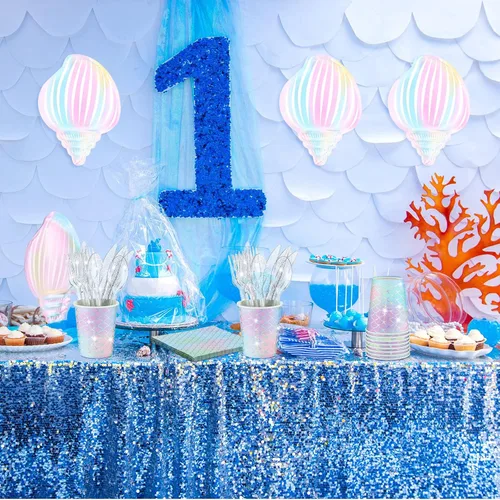 Miniatura 5 de 144 piezas de suministros para fiesta de sirenas, decoraciones temáticas de sirenas, juego de vajilla para fiesta bajo el mar, incluye platos