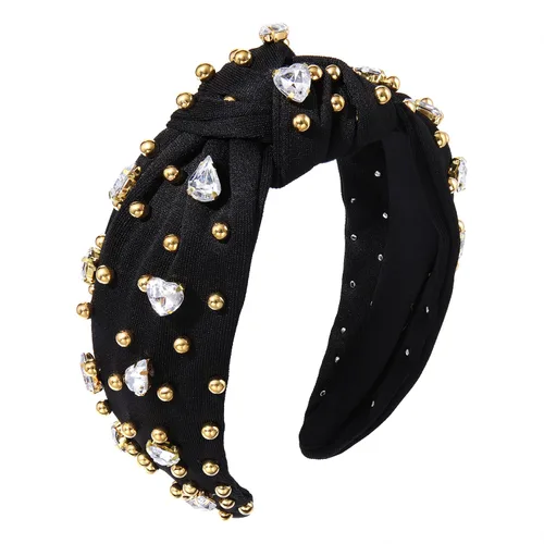 Diademas anudadas de cristal para mujer, diademas brillantes con diamantes de imitación, cuentas doradas anchas adornadas, accesorios para el Negro