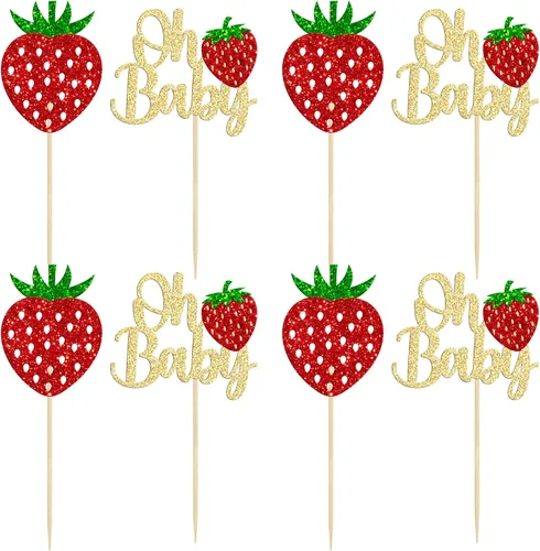 Miniatura 3 de Ephlyn Paquete de 24 adornos dorados para cupcakes Sweet Oh Baby de fresa, para baby shower, cumpleaños, cumpleaños, cupcakes, suministros de fiesta