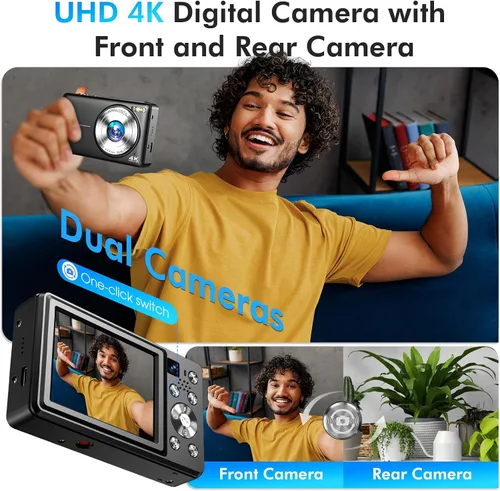 Miniatura 4 de Cámara digital 4K, cámara de videoblogs de 64 megapíxeles con enfoque automático y lente dual, zoom digital 16X, cámara compacta de YouTube