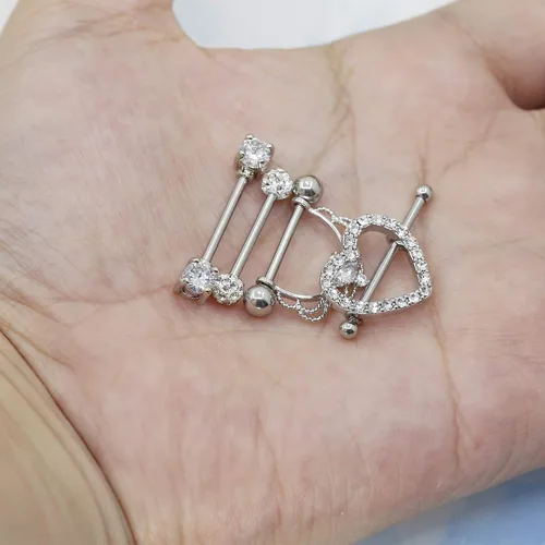 Miniatura 7 de ORAZIO 4 pares de pezones de acero inoxidable de 0.49oz con circonita cúbica y ópalo