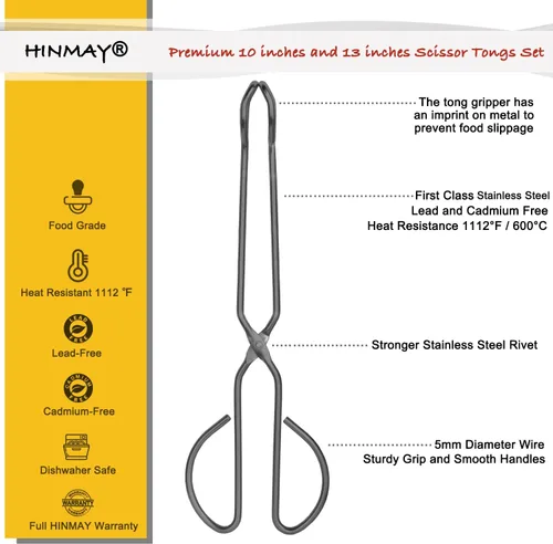 Miniatura 2 de HINMAY Pinzas de cocina de acero inoxidable de 10 pulgadas y 13 pulgadas, resistentes, antideslizantes, cómodas, pinzas de tijera de metal