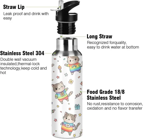 Miniatura 3 de Cute Cartoon Cats Rainbow Insulated Stainless Steel Water Bottle with Straw 20 Oz, BPA-Free Sports Water Bottle with Straw Leakproof Water Bottles