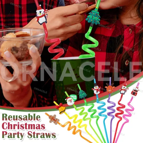 Miniatura 3 de 24 pajitas reutilizables de Navidad de ORNACELE, muñeco de nieve, pingüino, reno, cascabel, hombre de jengibre, patrón, recuerdos de fiesta, regalos