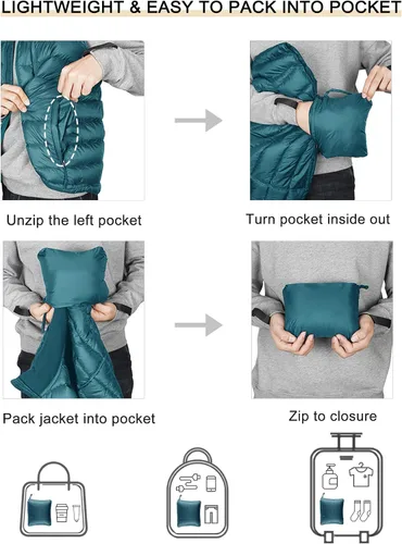 Miniatura 21 de Bakery Chaleco de plumón ligero plegable para hombre, chaleco acolchado con cuello alto, chaleco con cremallera, chaqueta sin mangas