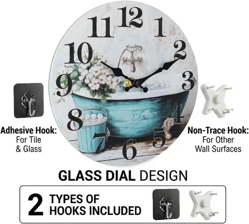 Miniatura 3 de Reloj de pared decorativo para baño, estilo rústico, impermeable, de cristal, para baño, piscina, jardín (12 pulgadas, azul)
