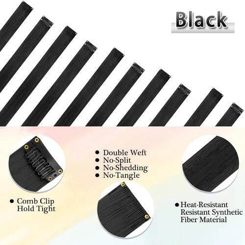 Miniatura 3 de BARSDAR Extensiones de cabello negro con clip, extensiones de cabello con clip de color para mujer, 22 pulgadas, 12 piezas, extensiones sintéticas