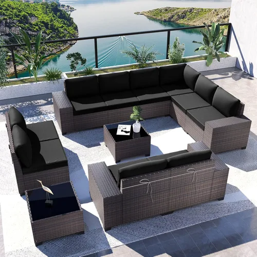 Miniatura 30 de Kullavik Juego de 13 muebles de patio al aire libre con mesa de fogata de gas propano de 43 pulgadas, 55000 BTU, mimbre de polietileno, sofá Arena