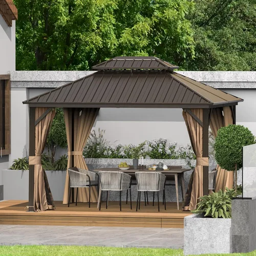 Miniatura 7 de Domi - Cenador de techo rígido de 8 x 8 pies con malla y cortinas, cenador para exteriores con techo doble de acero galvanizado para patio, césped