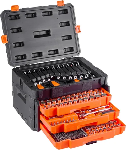 VEVOR Juego de herramientas mecánicas y juego de zócalos, 450 piezas, 1/4, 3/8 y 1/2 pulgadas, dados profundos y estándar, kit de herramientas