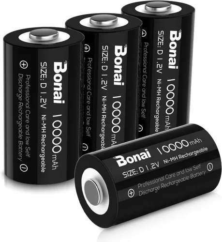 BONAI Baterías D recargables, 10,000 mAh de alta capacidad de 1.2 V Ni-MH, potencia de larga duración para columpios de bebé, linternas y juguetes,