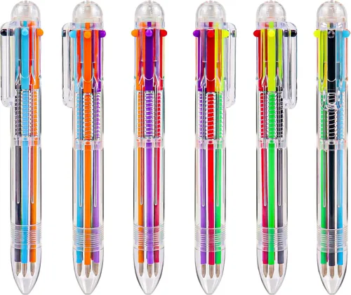 Paquete de 100 bolígrafos multicolor 6 en 1 de 0.020 in, 6 colores transparentes de barril retráctil, para oficina, suministros escolares, regalo