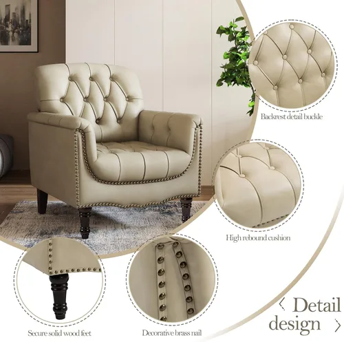 Miniatura 3 de Pia Ricco Silla decorativa moderna copetuda, sillón individual de piel sintética con ribete de cabeza de clavo y patas de madera, cómodo asiento