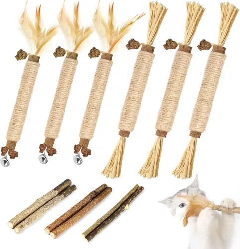 Miniatura 8 de Tocirelo Juguetes Masticables para Gatitos para la Dentición - Paquete de 6 Palitos Naturales de Silvervine para Gatos, Juguete de Plumas de Gato