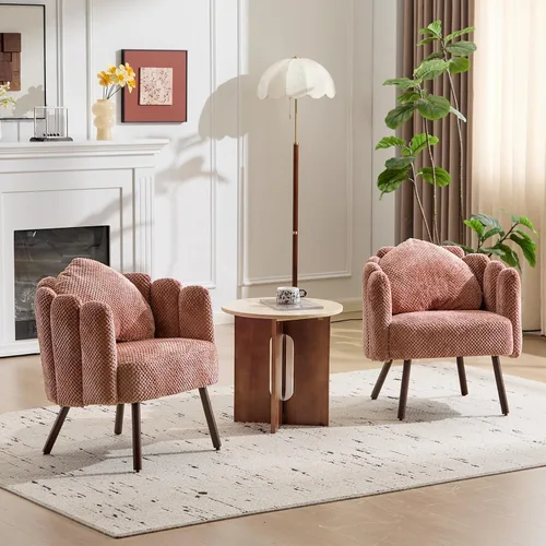 Miniatura 3 de Furniliving Silla de tocador de terciopelo rosa, silla decorativa con patas y almohada de madera, silla de lectura de pétalos para dormitorio, sala