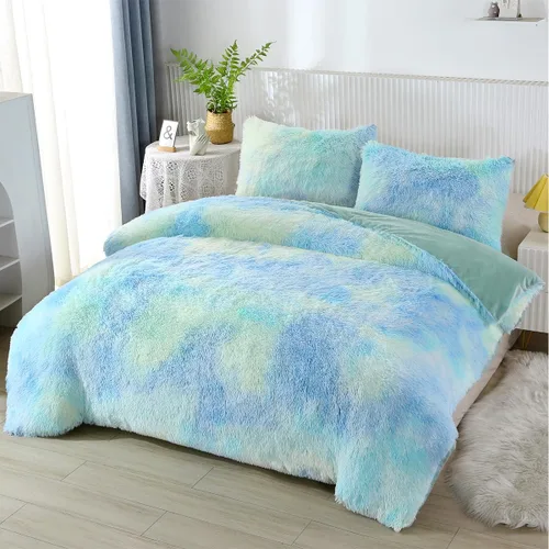 Miniatura 10 de PERFEMET Juego de cama de 3 piezas de felpa azul peluda tamaño queen, estampado de teñido largo, ropa de cama arcoíris de piel sintética para niñas