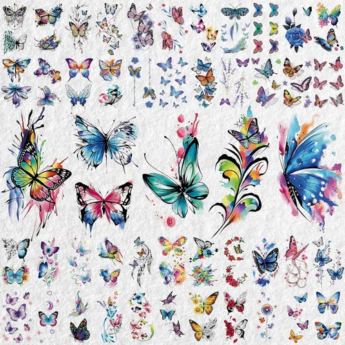 Miniatura 3 de Cerlaza 79 hojas de tatuajes de mariposa 3D temporales realistas para mujeres adultas, tatuajes falsos de acuarela, calcomanías temporales