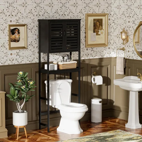 Miniatura 5 de SMIBUY Gabinete de Almacenamiento para Baño sobre el Inodoro, Organizador de Gabinete de 2 Puertas de Bambú, Estante de Inodoro Independiente
