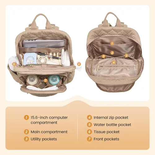 Miniatura 5 de LOVEVOOK Mochila para pañales, bolsa de pañales acolchada para bebé con bolsillos aislados, mochila de pañales de viaje para niños y niñas con Caqui