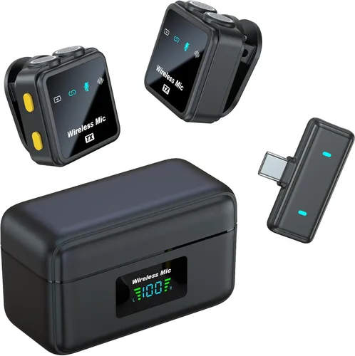 VM32 Mini micrófono inalámbrico para iPhone 17 16 15 teléfono Android, micrófono de solapa Lavalier USB C con estuche de carga de 40 horas,