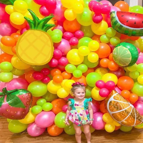Miniatura 6 de Kit de arco de guirnalda de globos de frutas rosa, rojo, amarillo, verde, naranja, globos de aluminio con sandía, fresa, limón y naranja, globos