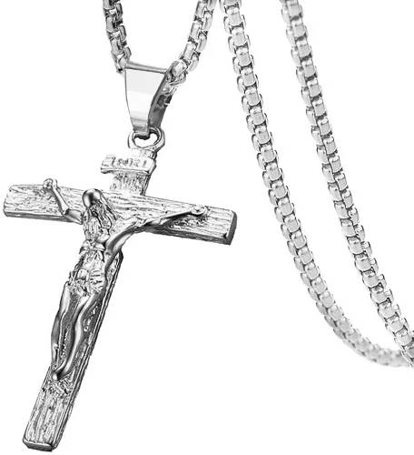 Axmerdal Collar de cruz de acero inoxidable con crucifijo de Jesucristo cruz de oración del Señor para hombres y mujeres cadena de caja de 24 iNCH